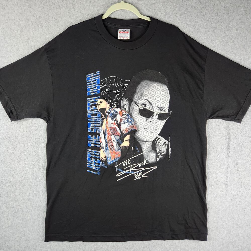 Vintage The Rock Shirt Mens XL Black WWF Wrestling Layeth Smacketh Down 2001 Tee